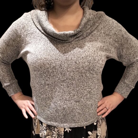 🍁2/30🍁Vintage Y2K Sweater Knit Cowl Neck 3/4 length Dolman Sleeve Salt+Pepper - Picture 3 of 15